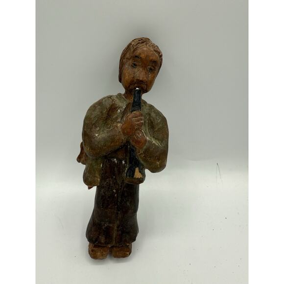 Vintage Hand Carved Wooden Figure Man Playing Flute Wales Folk Art 9” - Picture 1 of 3
